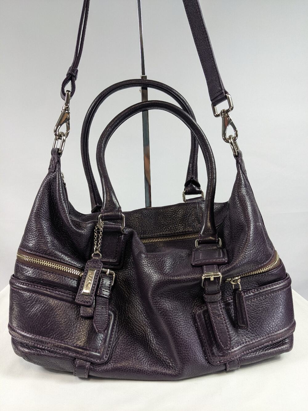 Cole Haan Gramercy Archer Purple Leather Shoulder Bag Handles Crossbody Strap